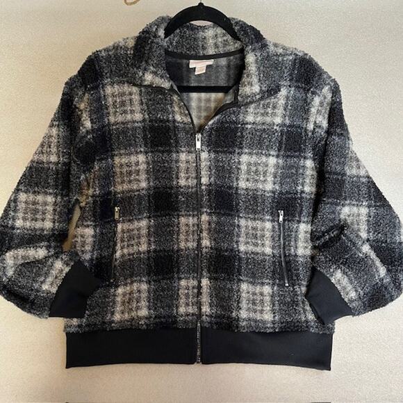 Lacey Chabert Comfy Chic Sherpa Jacket Size XL-Black Plaid -shacket -Zip-pockets - Picture 1 of 6